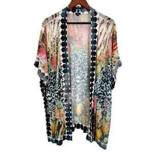 Shana Sz Large Sheer Open Front Wearable Art Tropical Kimono Blouse Shirt Top